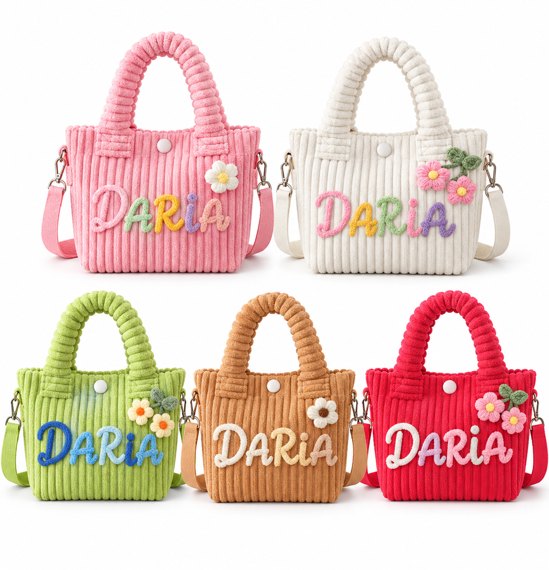 Corduroy mini tote — colorway group with DARIA embroidery