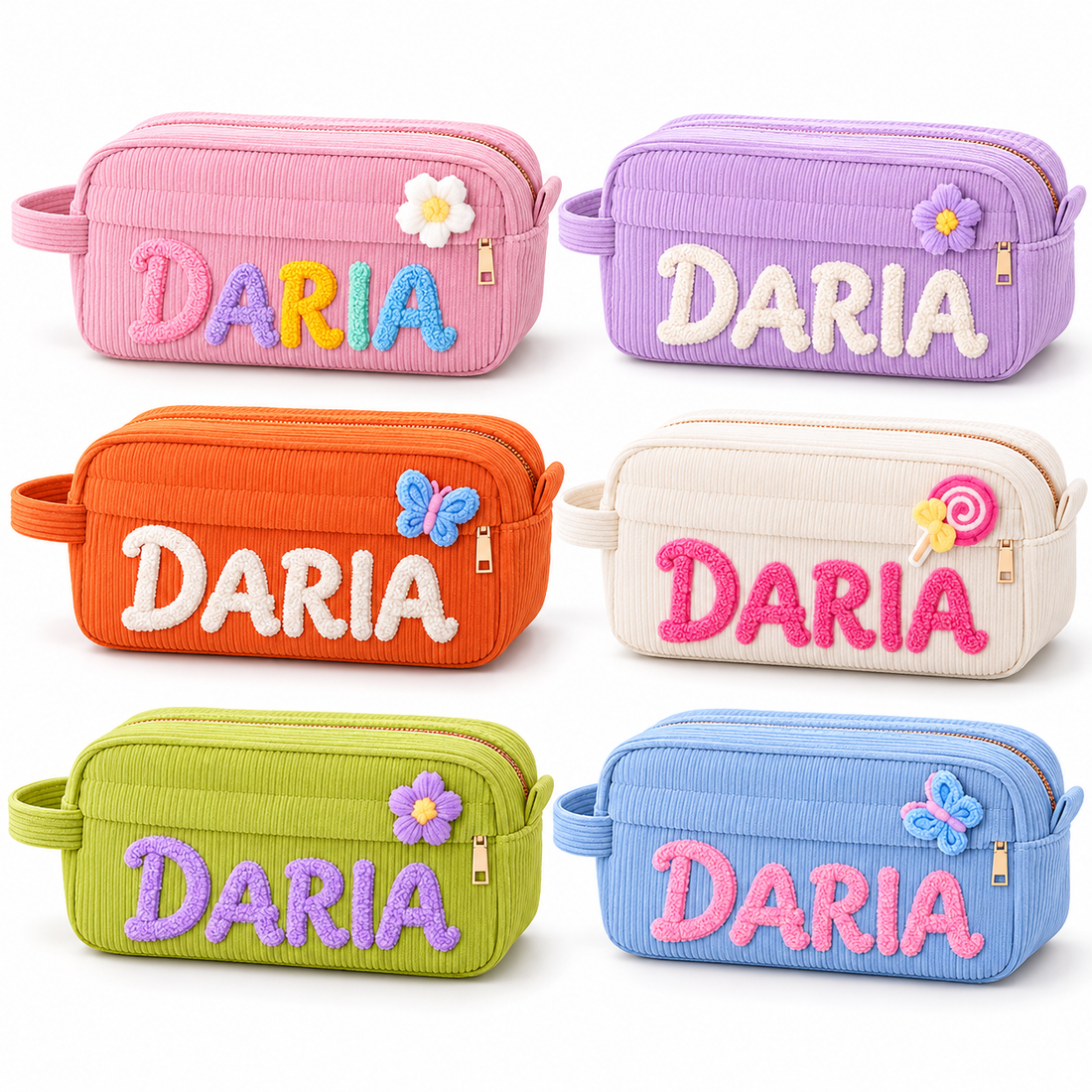 Corduroy zip pouch — colorway group with DARIA embroidery