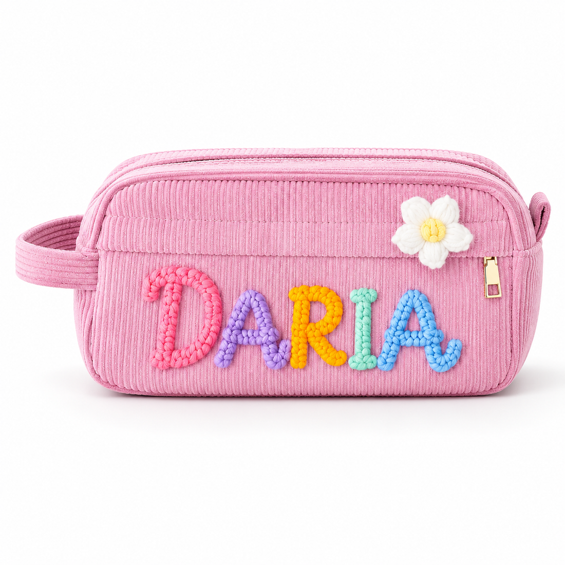 Corduroy zip pouch — single white-background product image with DARIA embroidery