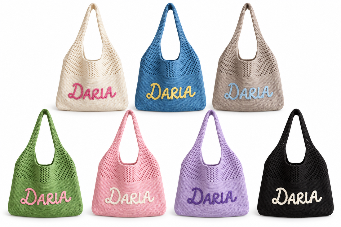 Knit mesh tote — single white-background product image with DARIA embroidery