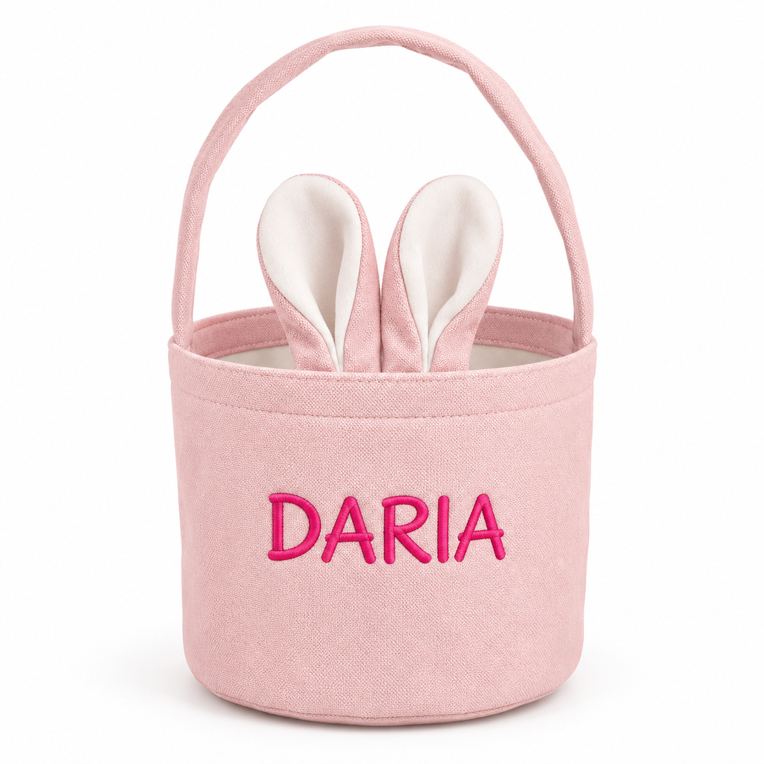 Personalized bunny-ear storage basket with embroidered Daria name example
