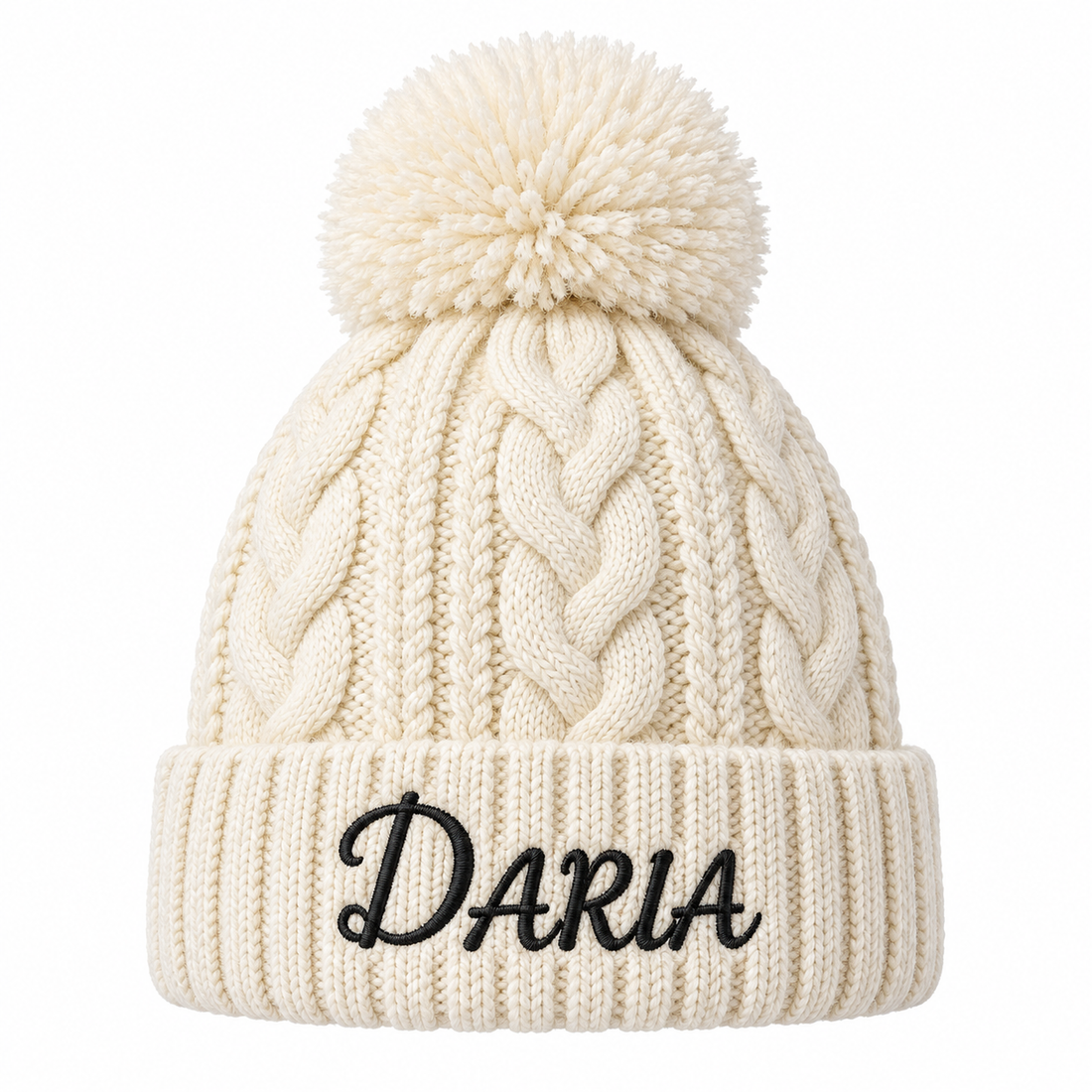 Personalized pom-pom hat with embroidered name example