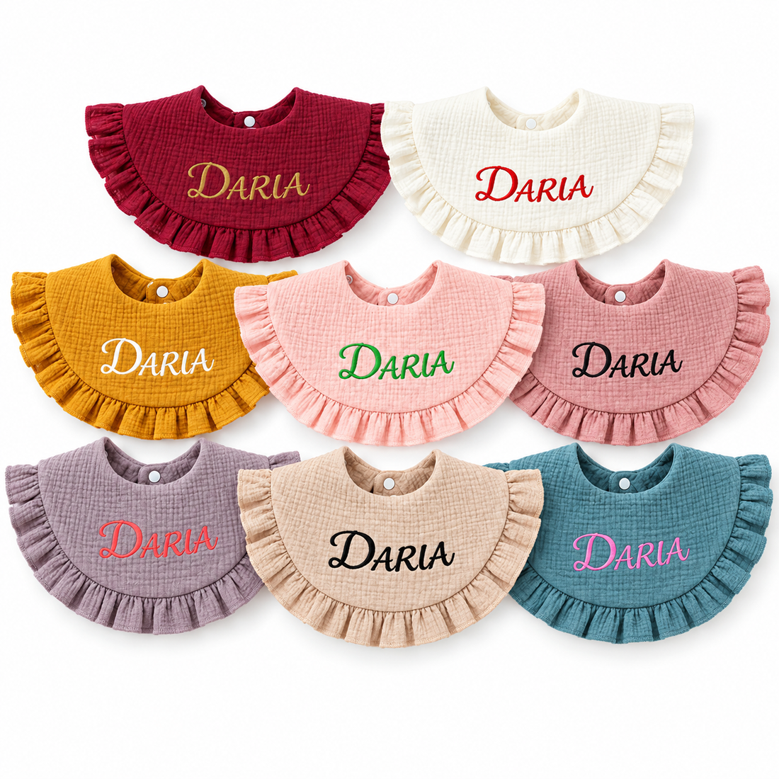 Ruffle bib collection colorways with embroidered DARIA