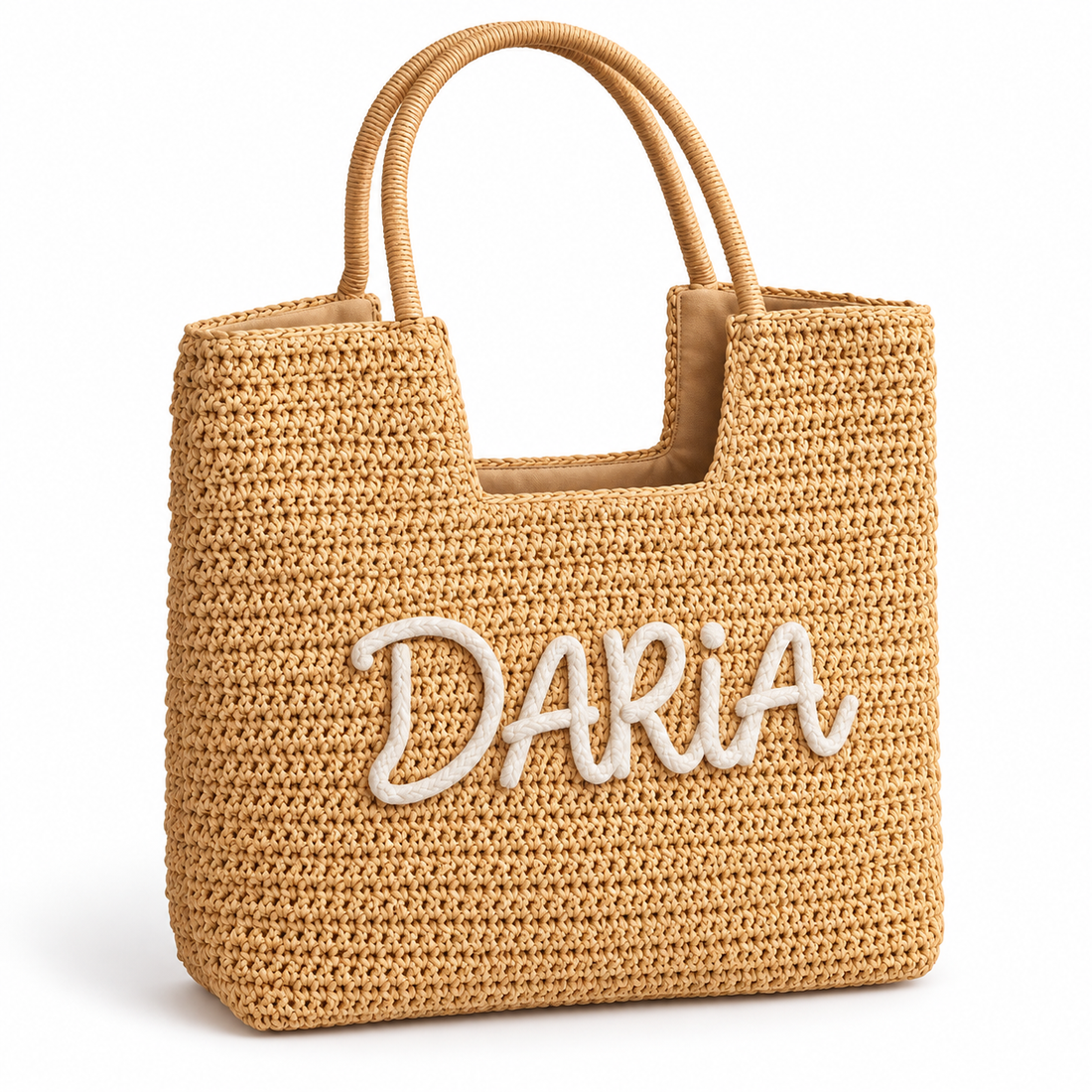 Woven straw tote single product image with embroidered DARIA
