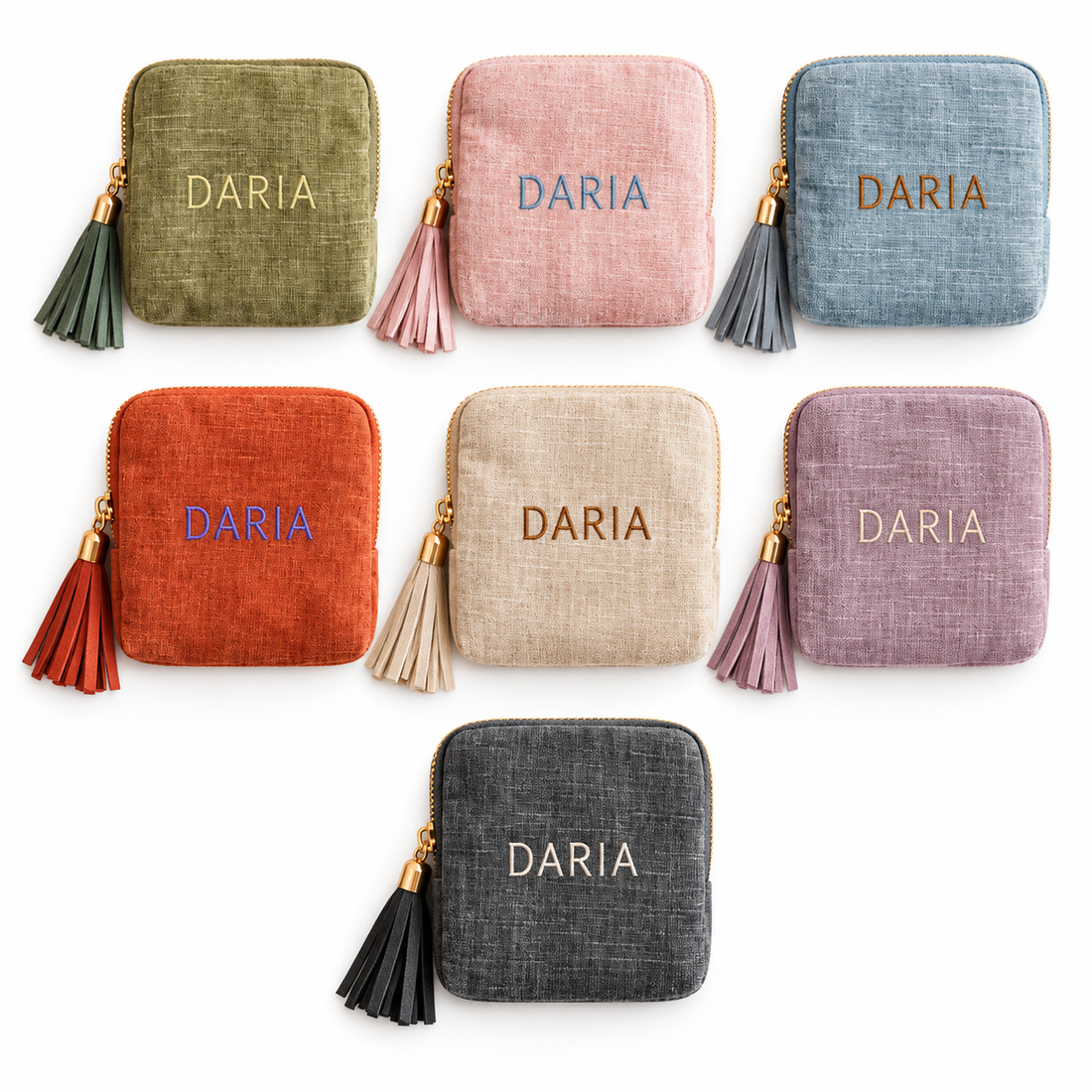 Linen zip pouch colorways with embroidered Daria names