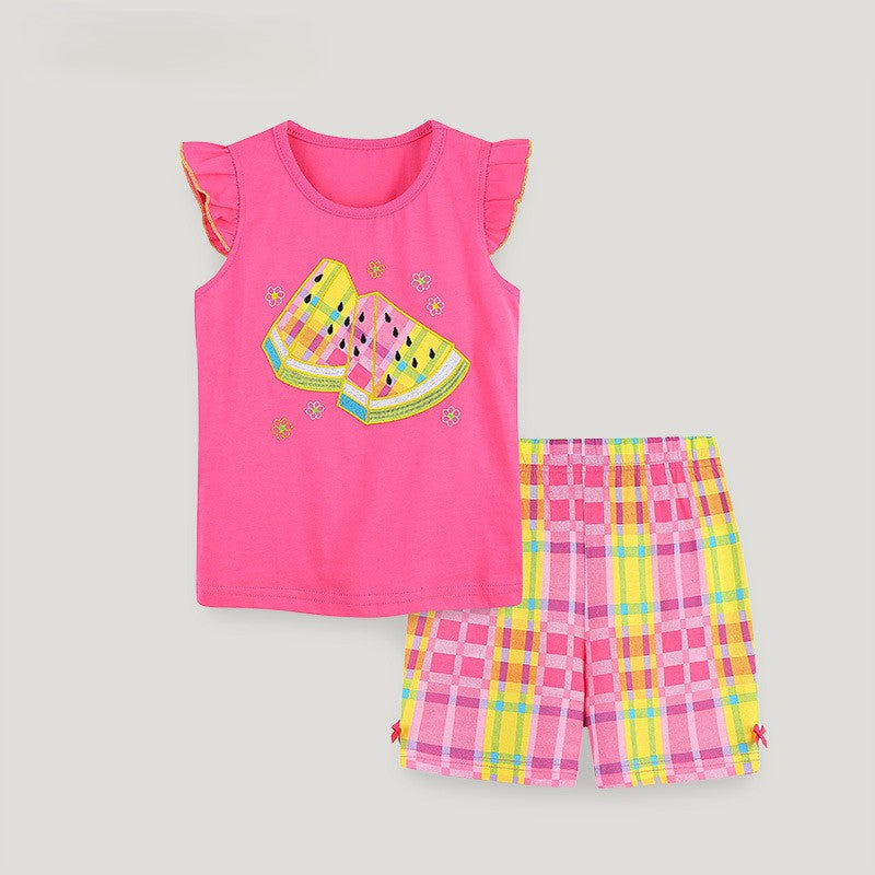 Girls Spring&Summer Watermelon Applique Cotton Shorts Set