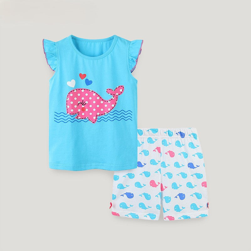 Completo corto in cotone con stampa balene per bambina Primavera ed Estate