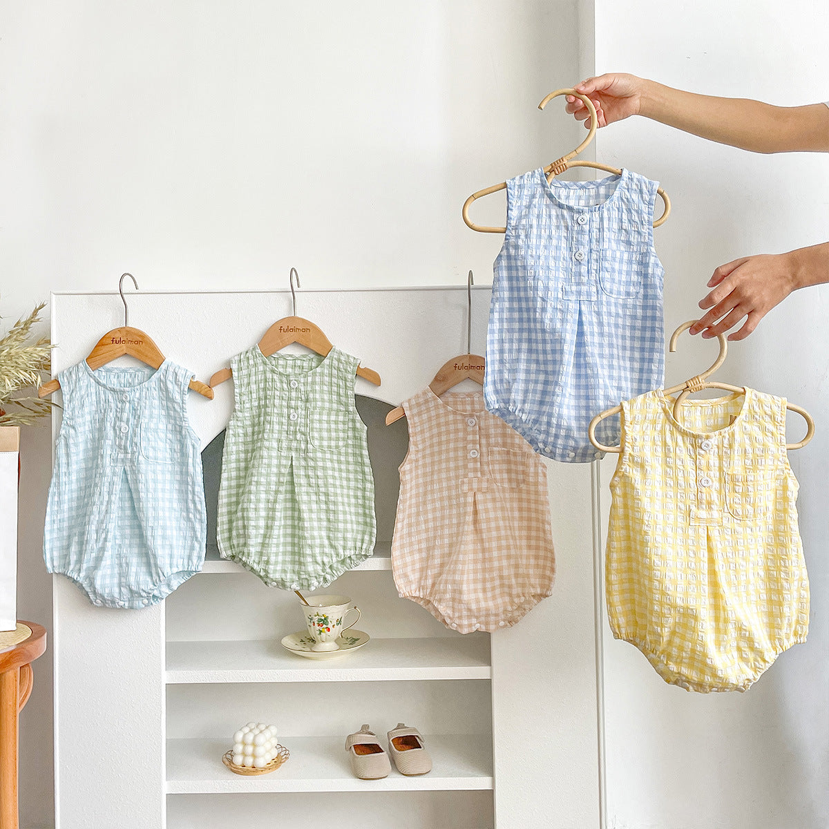 Tutina senza maniche a quadri per neonati e bambini, primavera ed estate