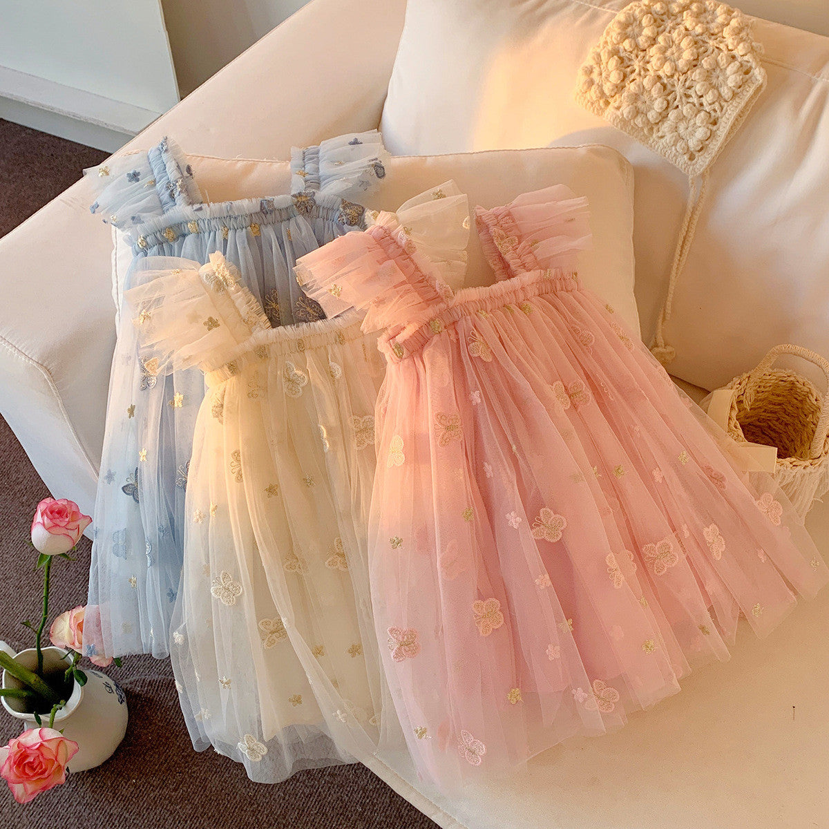 Girls Spring&Summer Butterfly Embroidery Tulle Dress