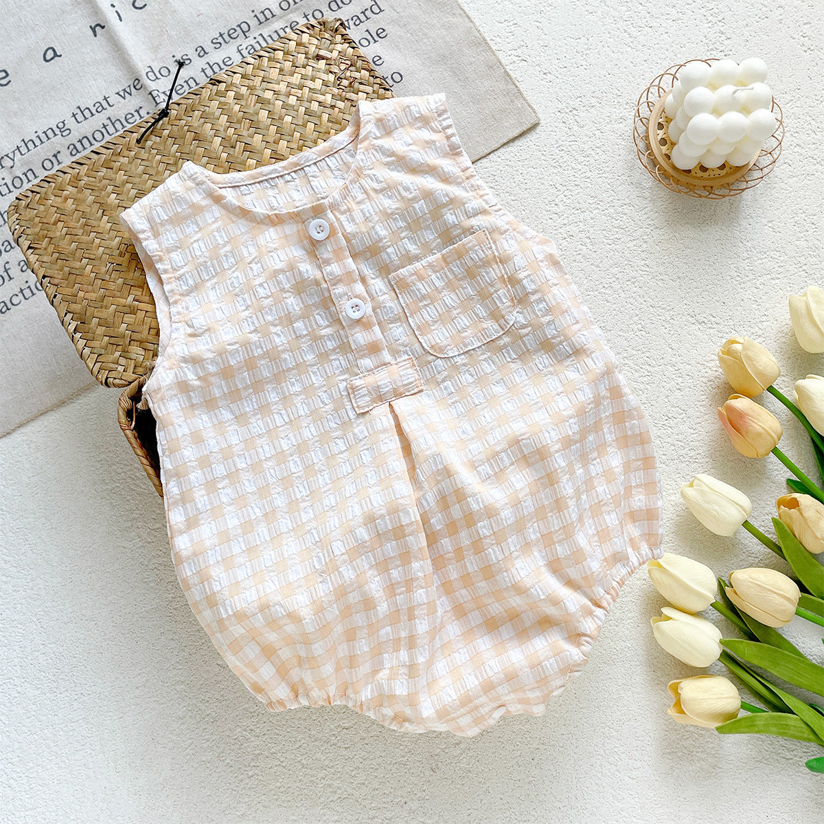 Tutina senza maniche a quadri per neonati e bambini, primavera ed estate