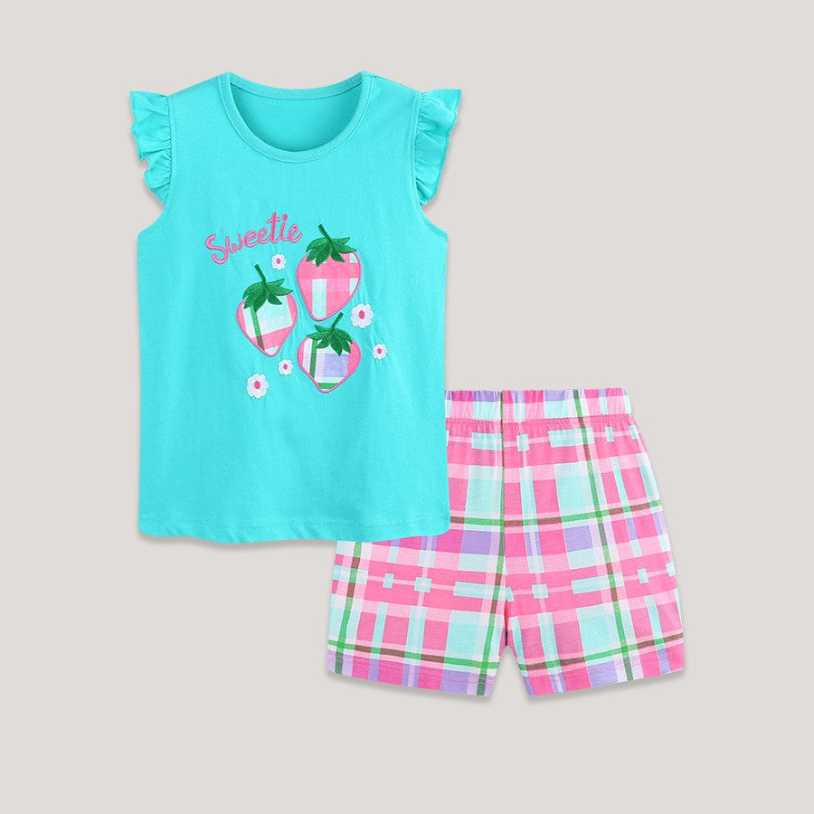 Set di pantaloncini in cotone con applicazioni a forma di fragola per bambine Primavera/Estate