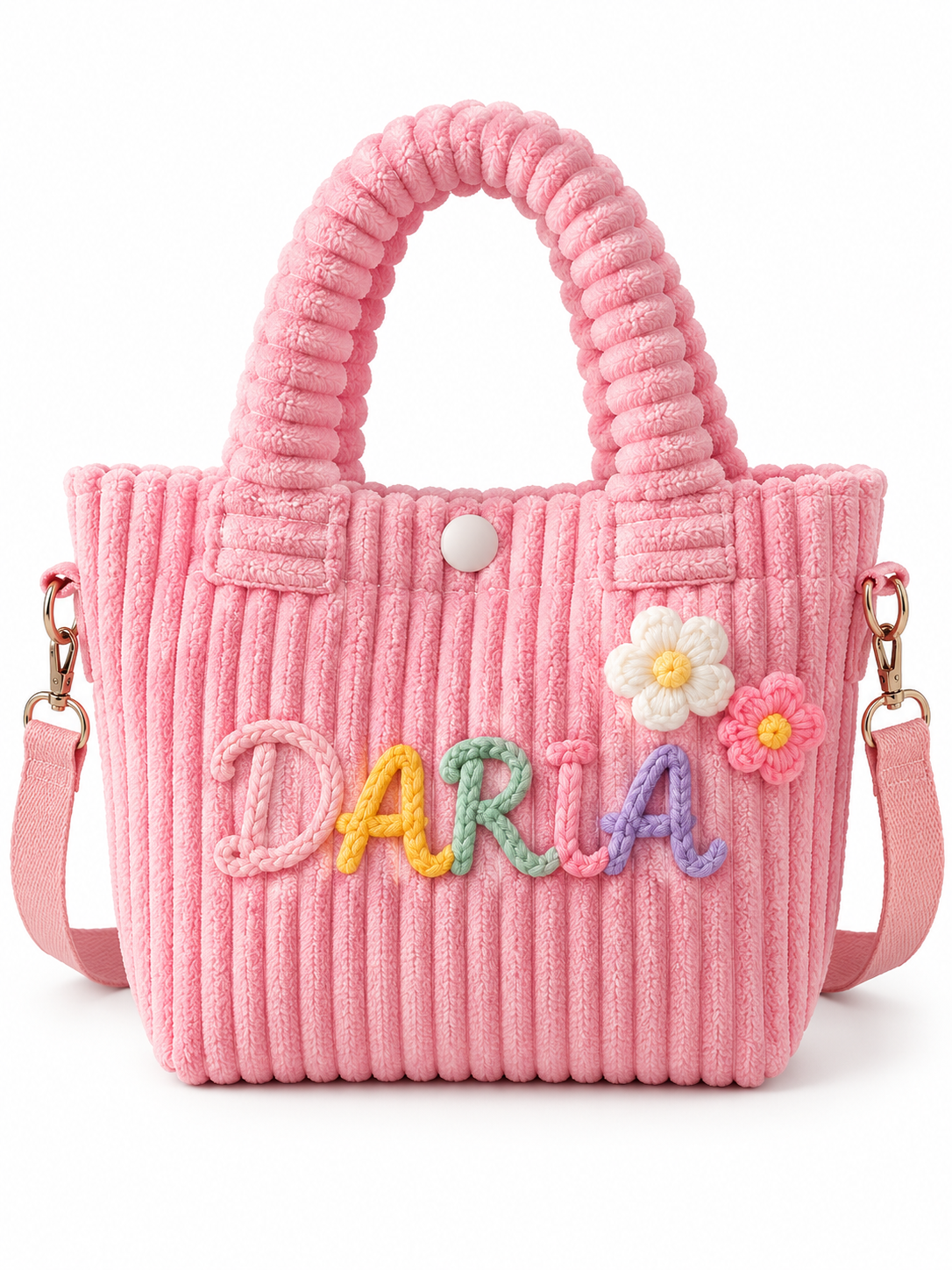 Corduroy mini tote — single white-background product image with DARIA embroidery
