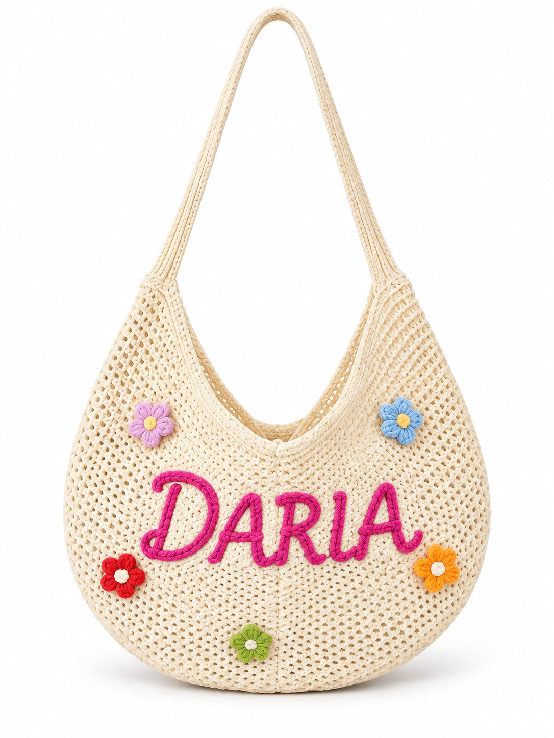 Crochet shoulder bag — single white-background product image with DARIA embroidery