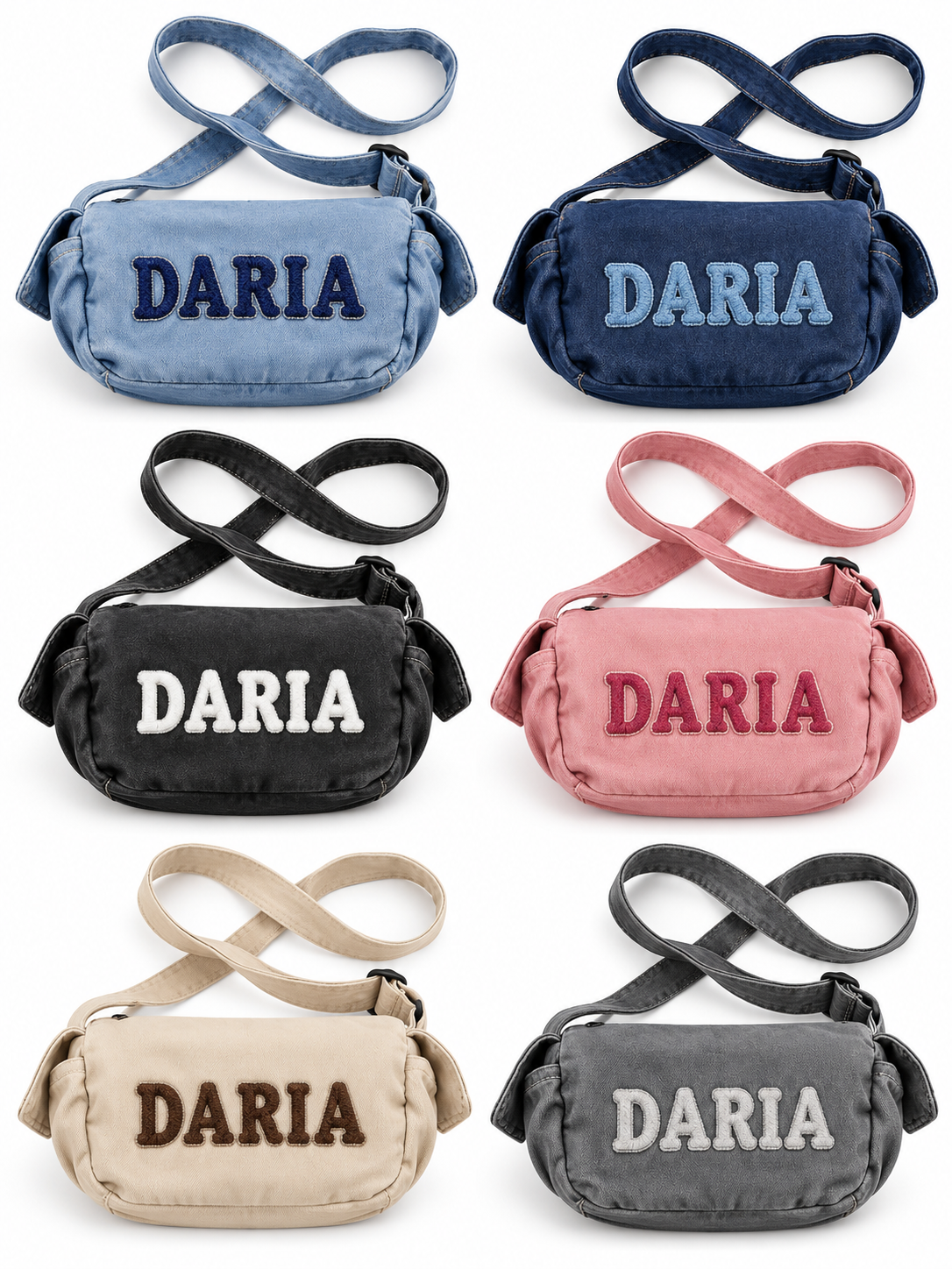 Crossbody bag colorways with embroidered Daria names