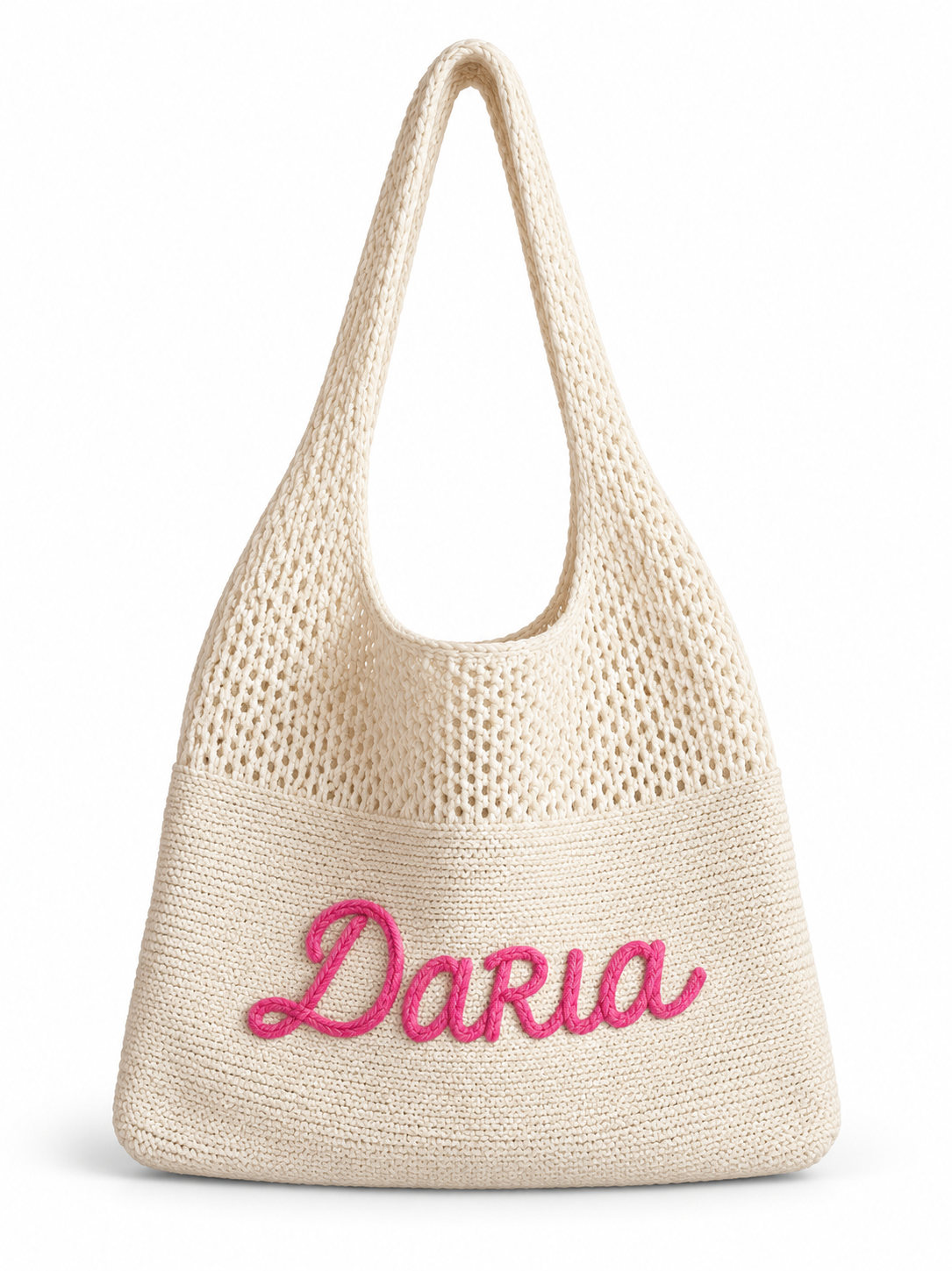 Knit mesh tote — colorway group with DARIA embroidery