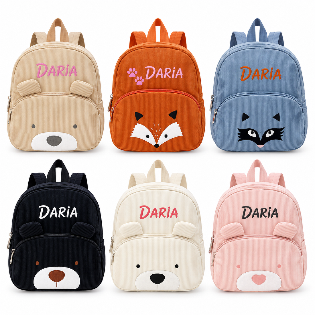 Multiple personalized backpack styles with embroidered names