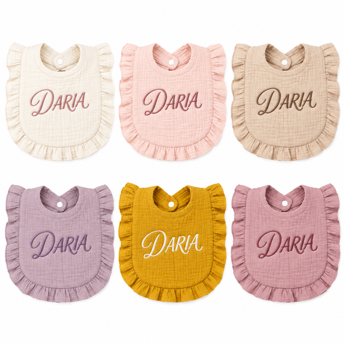 Multiple personalized bib styles with embroidered names