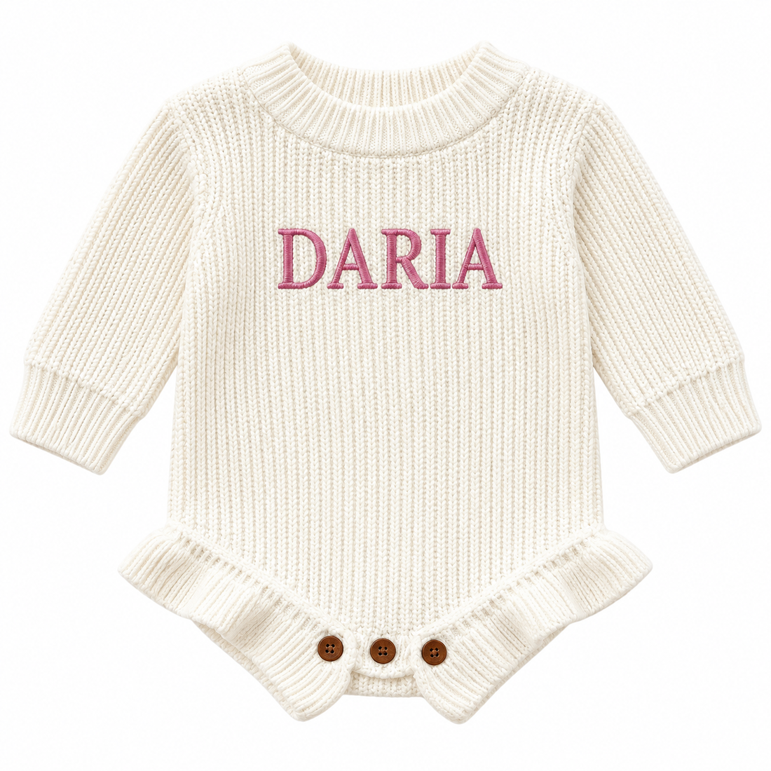 Long-sleeve personalized romper with embroidered Daria name example