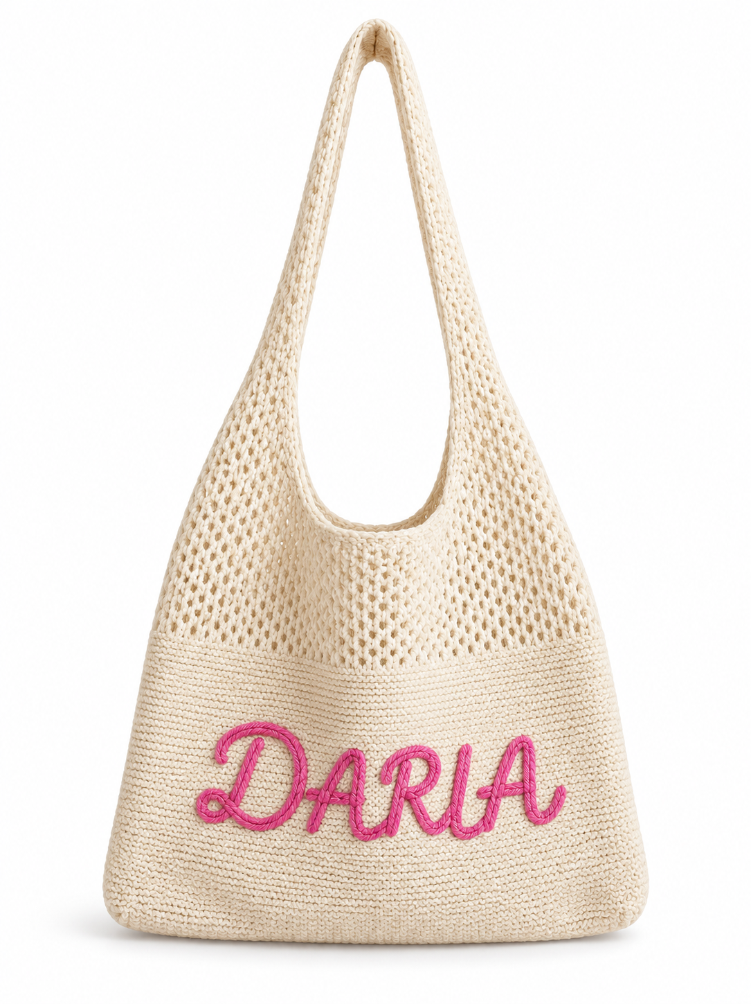 Knitted mesh tote with embroidered Daria name