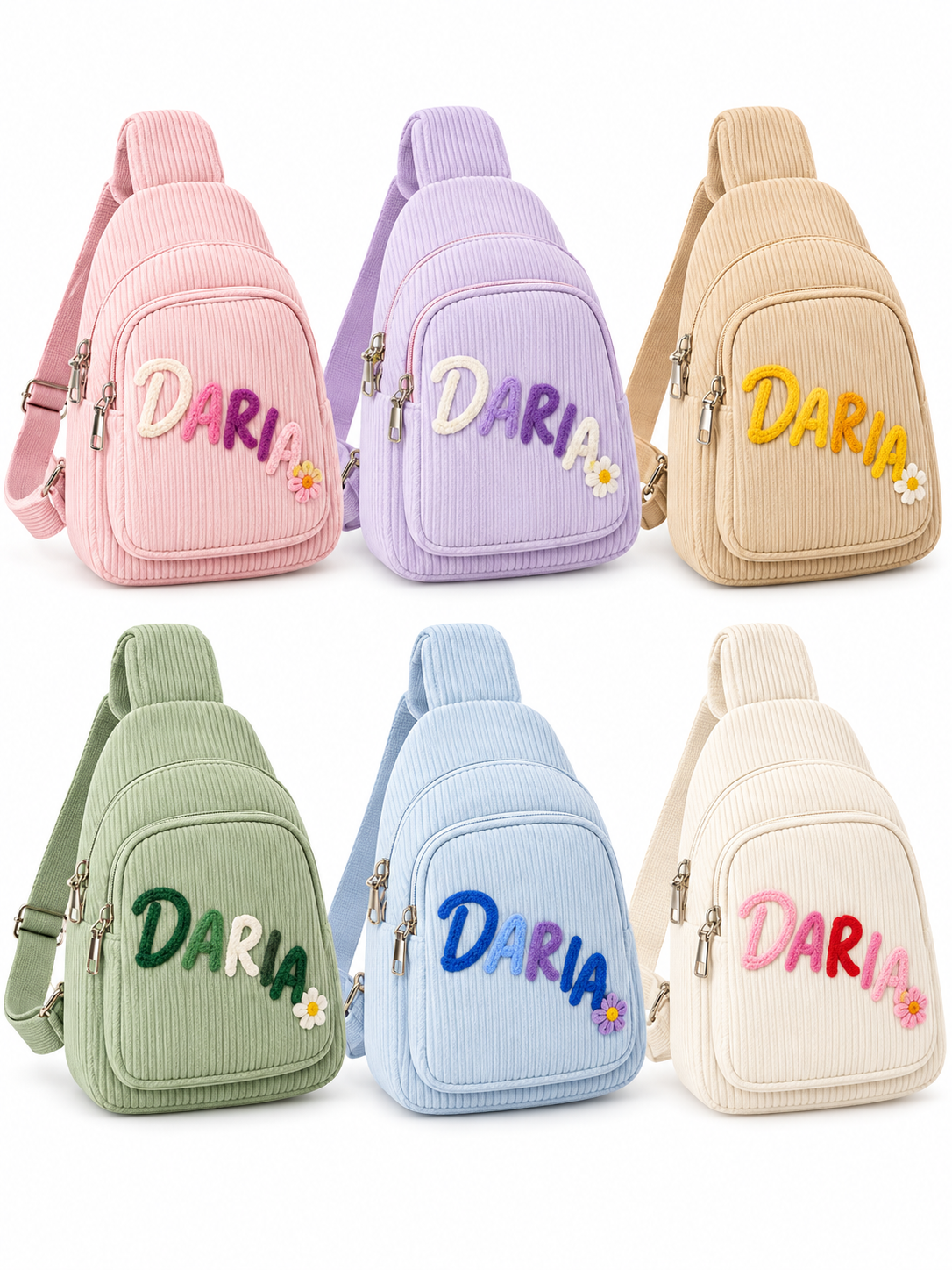Mini corduroy backpack — colorway group with DARIA embroidery