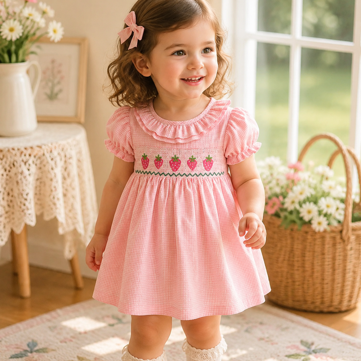 Girls Strawberry Embroidery Smocked Dress
