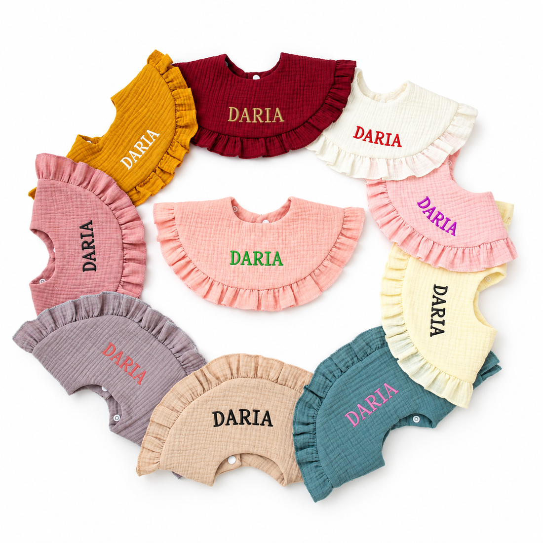 Ruffle bib collection single product image with embroidered DARIA