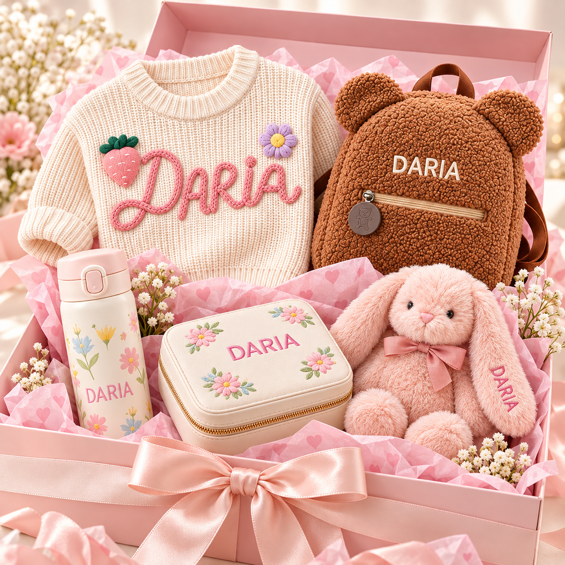 Personalized sweater and backpack surprise box with three random gifts