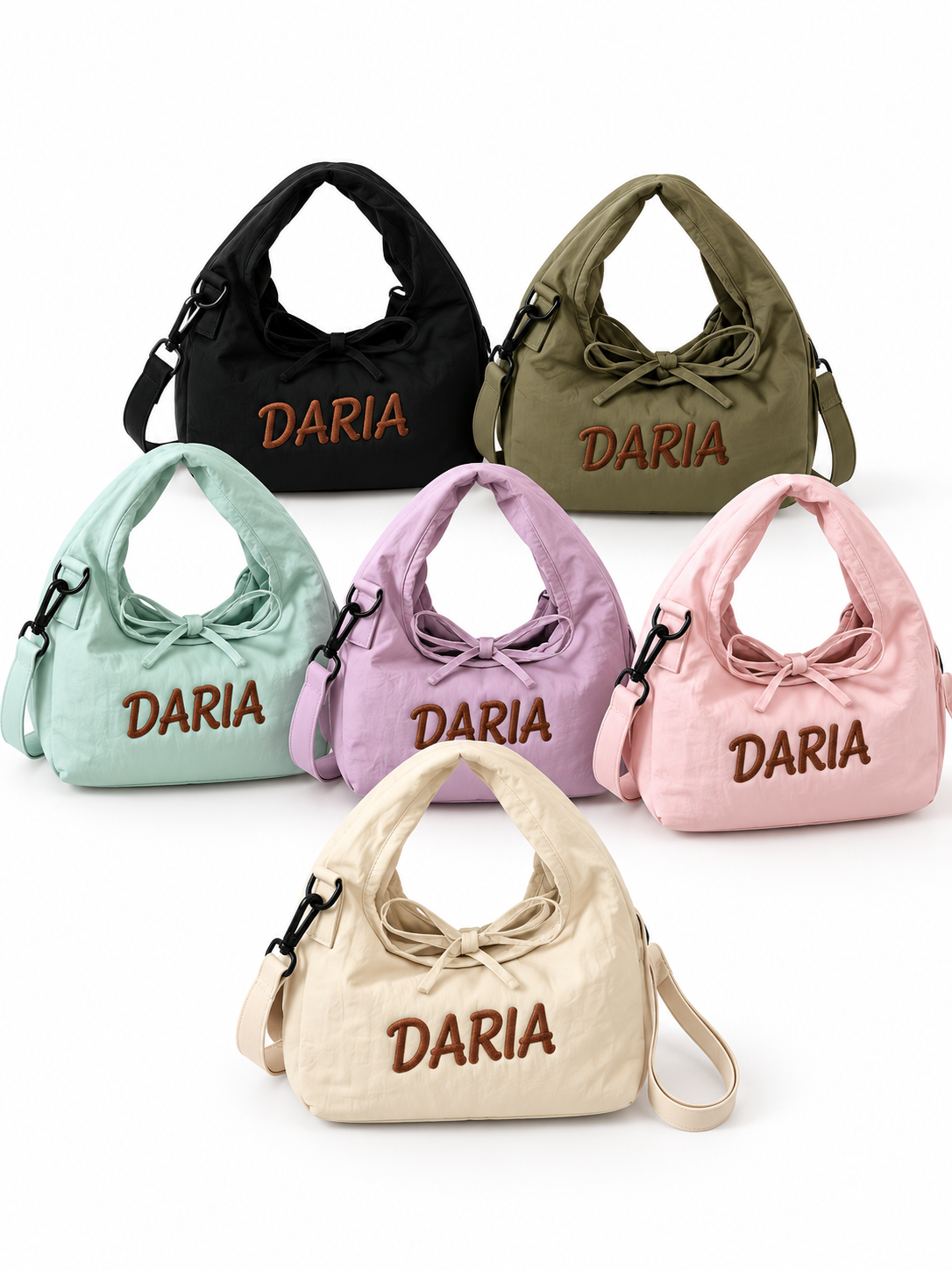 Teddy mini shoulder bag colorways with embroidered Daria names